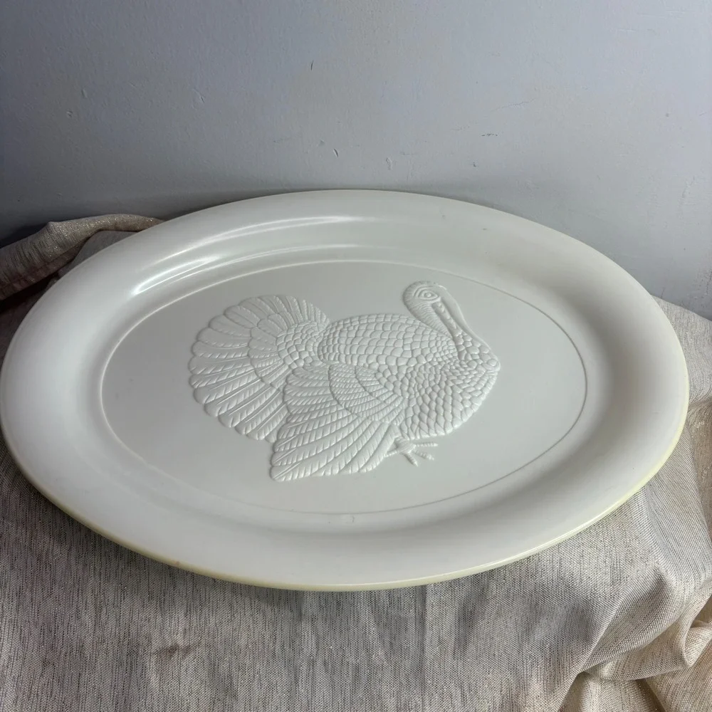 Vintage White Turkey Embossed Oval Serving Platter Thanksgiving Holiday